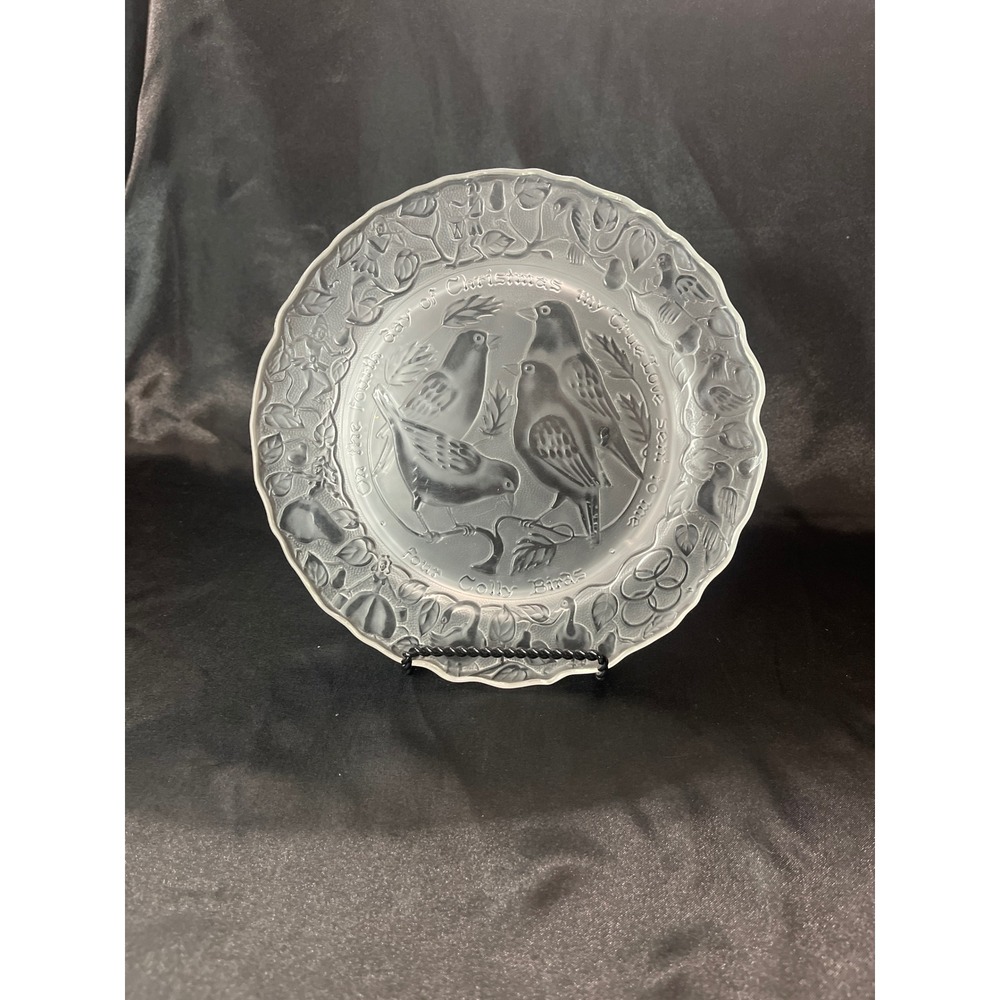 ImperialGlass1973 Four Colly Birds 12 Days of Christmas Frosted Glass Plate 8.5"